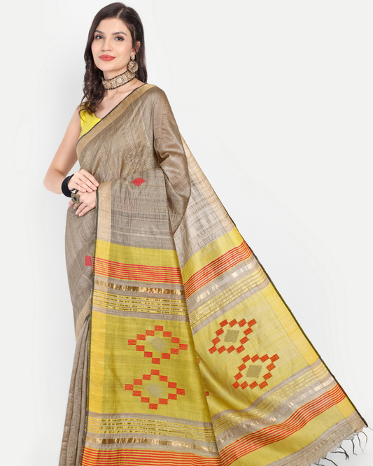 BEIGE TUSSAR SILK SAREE
