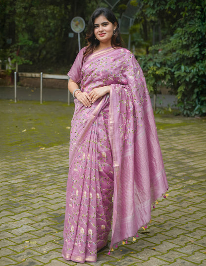DUSTY PINK FLORAL LINEN SAREE