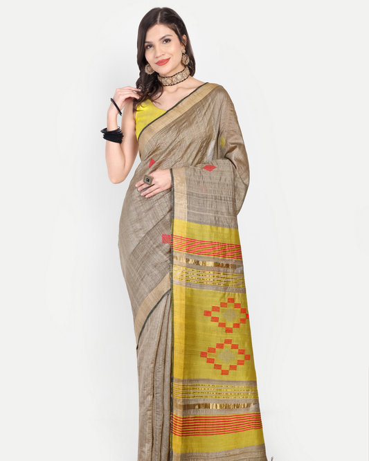 BEIGE TUSSAR SILK SAREE