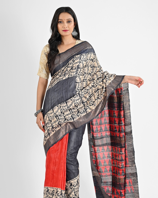 BLACK RED PRINTED GHICHA SILK SAREE