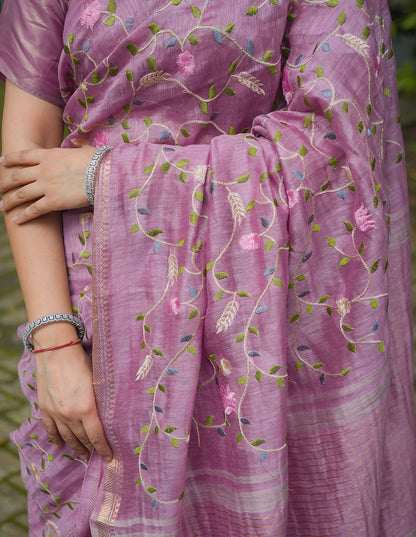 DUSTY PINK FLORAL LINEN SAREE