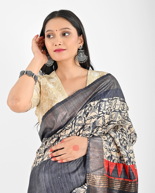 BLACK RED PRINTED GHICHA SILK SAREE