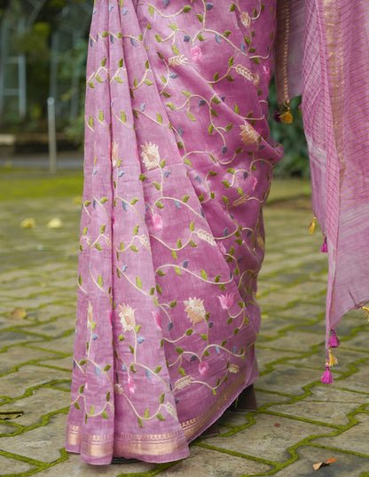 DUSTY PINK FLORAL LINEN SAREE