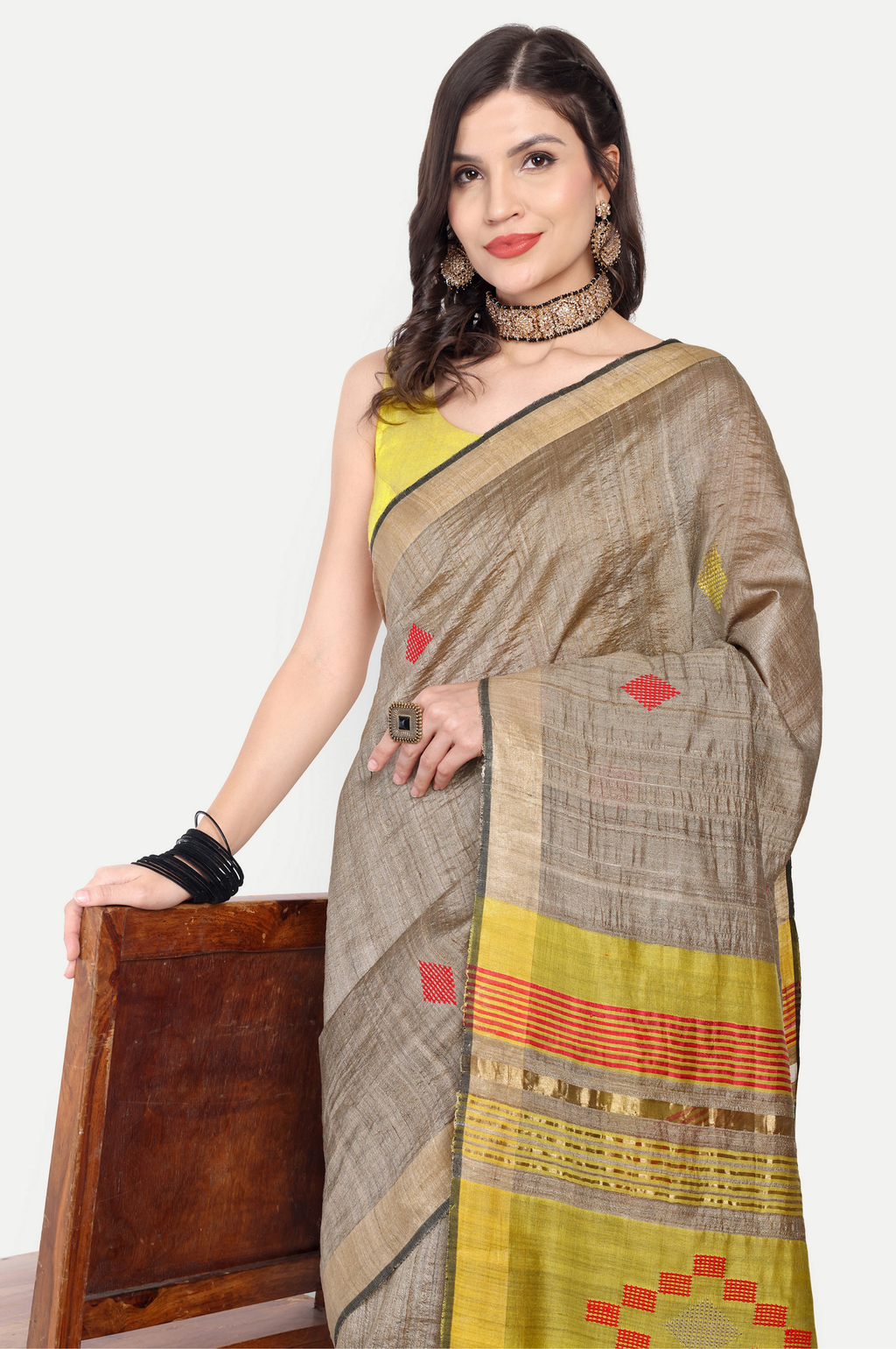 BEIGE TUSSAR SILK SAREE