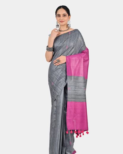 GREY PINK GHICHA SILK SAREE