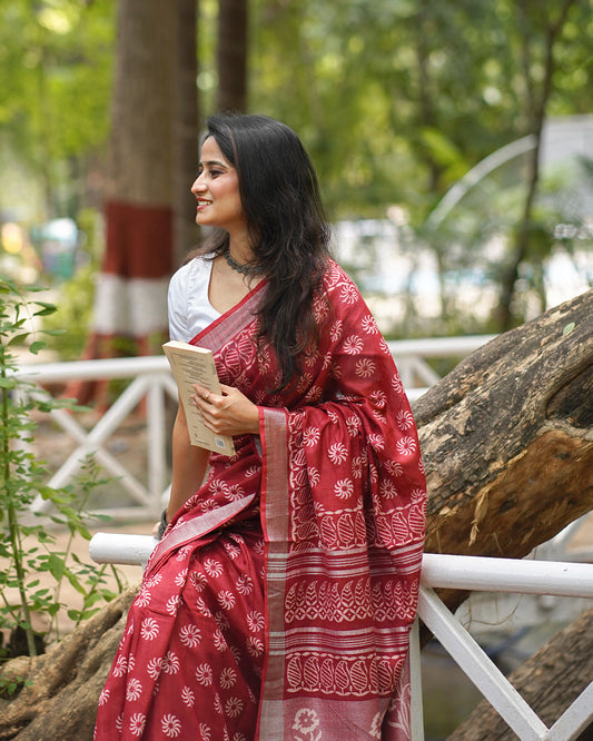 MAROON BLOCK PRINT COTTON SAREE