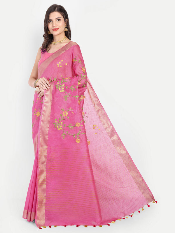 Vibrant Rani Pink Kota Linen Saree with Gold Zari & Embroidery