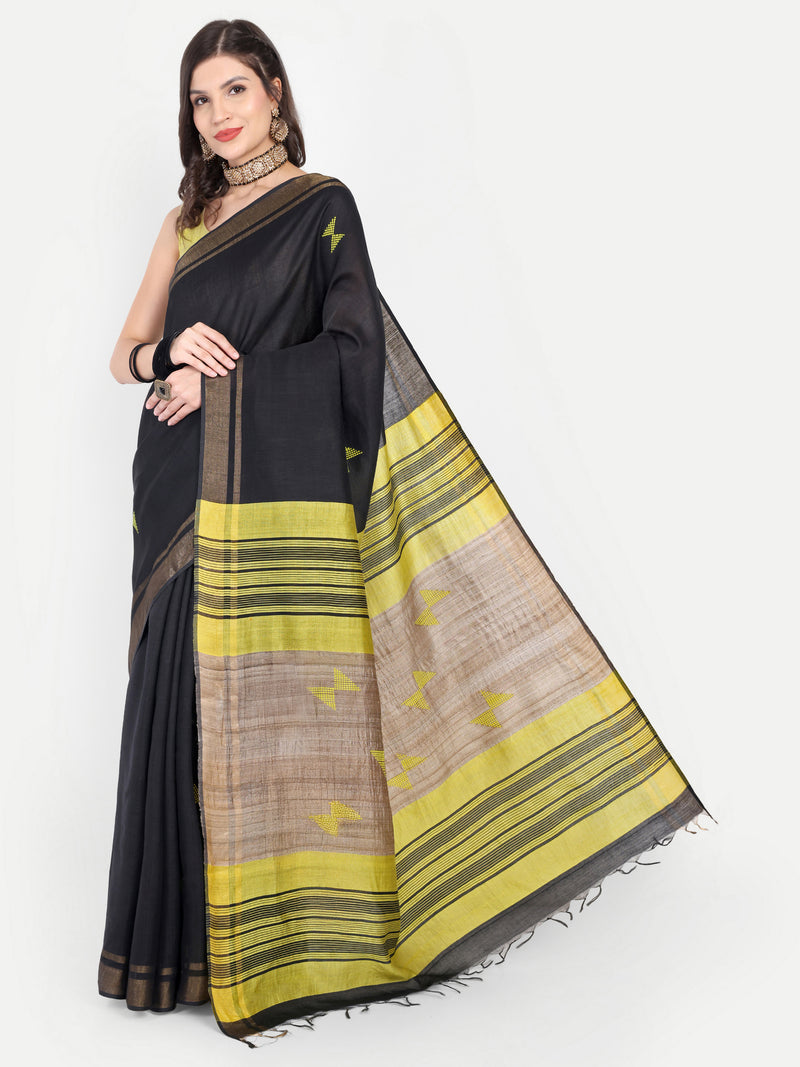 Contemporary Black & Yellow Eri Silk Saree with Woven Motifs