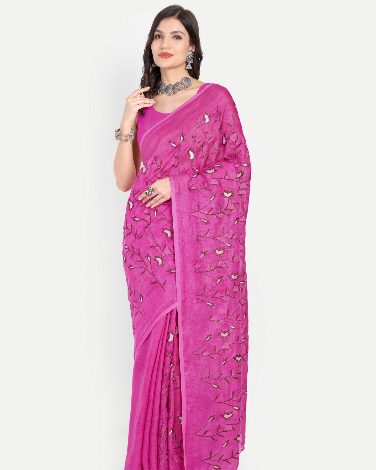 RANI PINK FLORAL LINEN SAREE