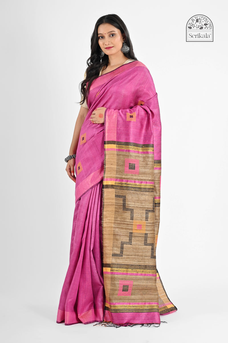 Vibrant Pink Dupion Silk Saree with Geometric Katia Pallu | Handloom Elegance - Serikala