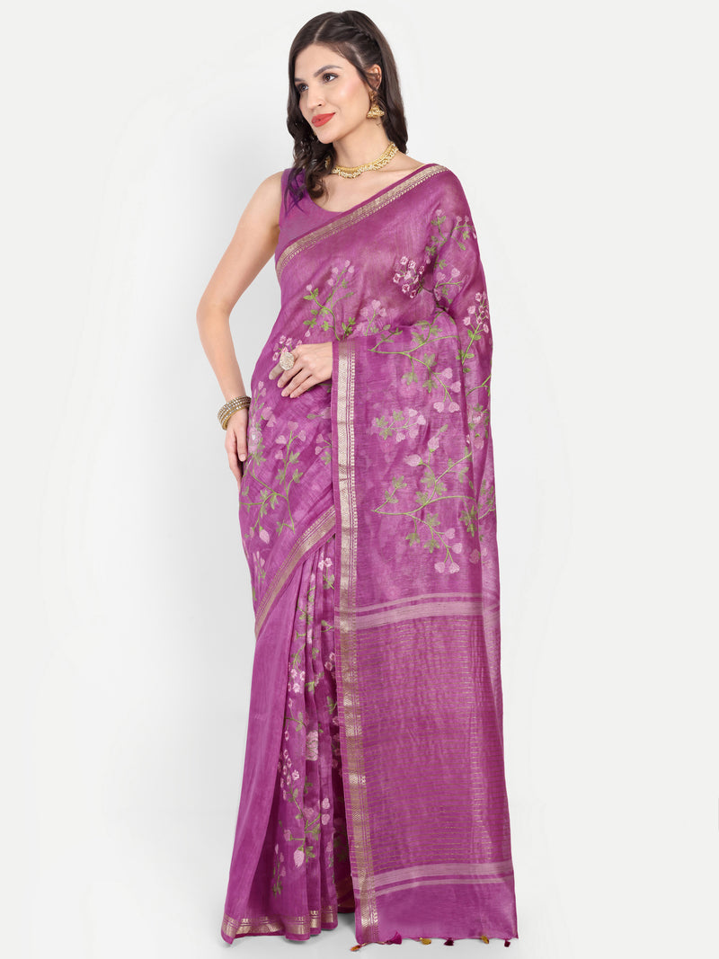 Regal Orchid Purple Linen Saree with Floral Embroidery