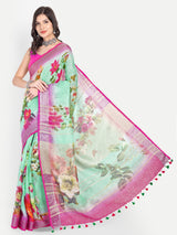 Vibrant Sea Green & Rani Pink Digital Print Linen Saree