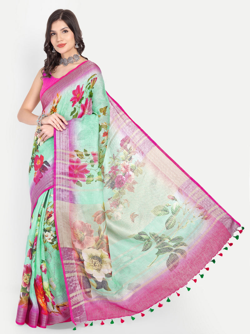 Vibrant Sea Green & Rani Pink Digital Print Linen Saree