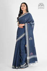 Elegant Indigo Blue Pure Cotton Saree with Bawan Buta Work | Handloom Daily Wear - Serikala