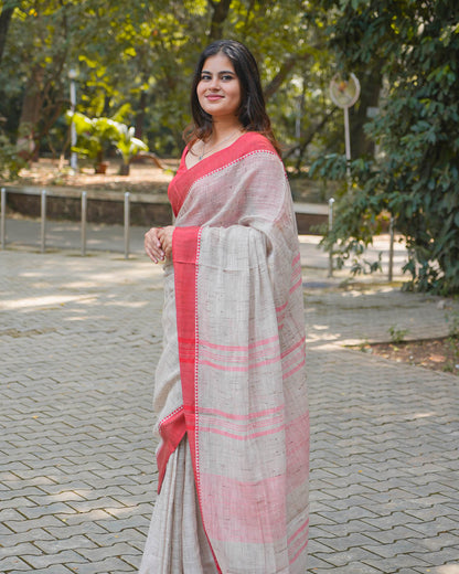 OFF WHITE & RED COTTON SLUB SAREE