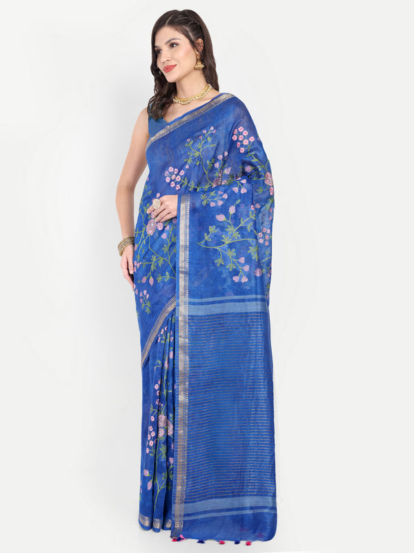 Exquisite Royal Blue Linen Saree with Pink Floral Embroidery