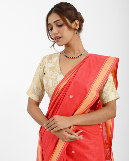 RED COTTON SAREE WITH BAWAN BUTA PALLU