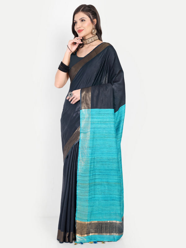 Elegant Charcoal Grey & Turquoise Blue Silk Saree