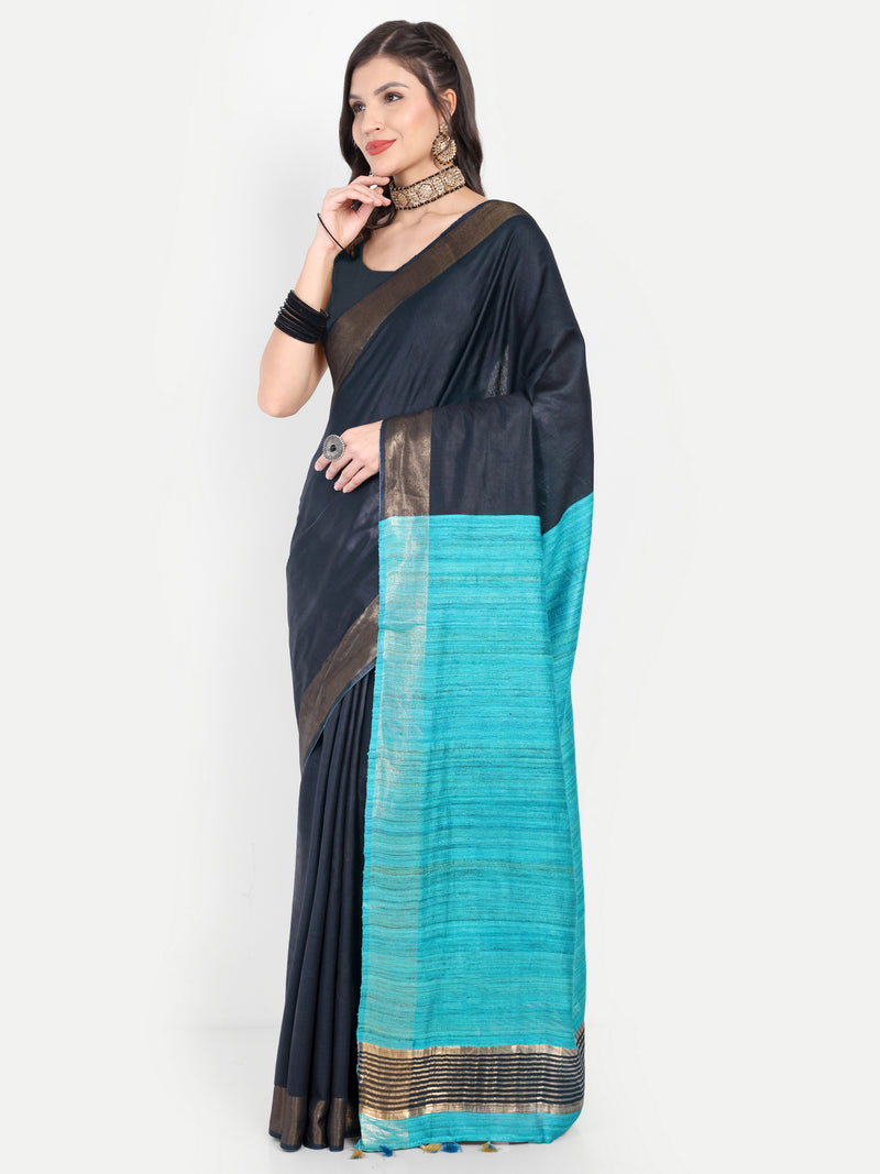 Elegant Charcoal Grey & Turquoise Blue Silk Saree