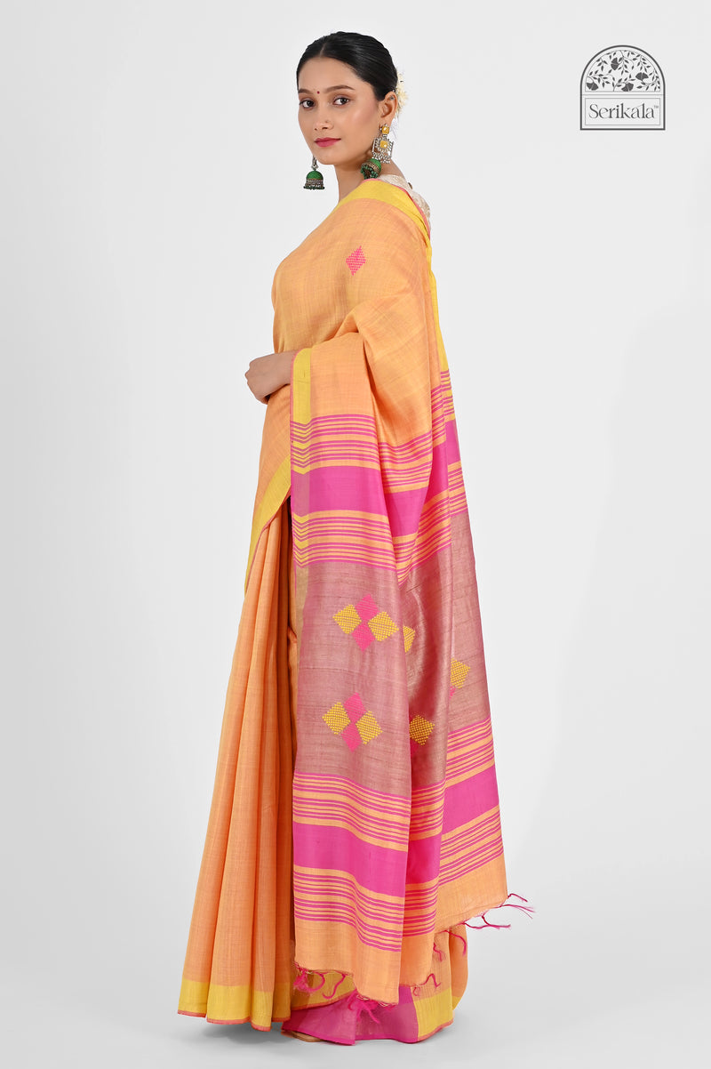 Peach Eri Silk Saree with Pink Tussar Pallu | Handloom Indian Saree - Serikala