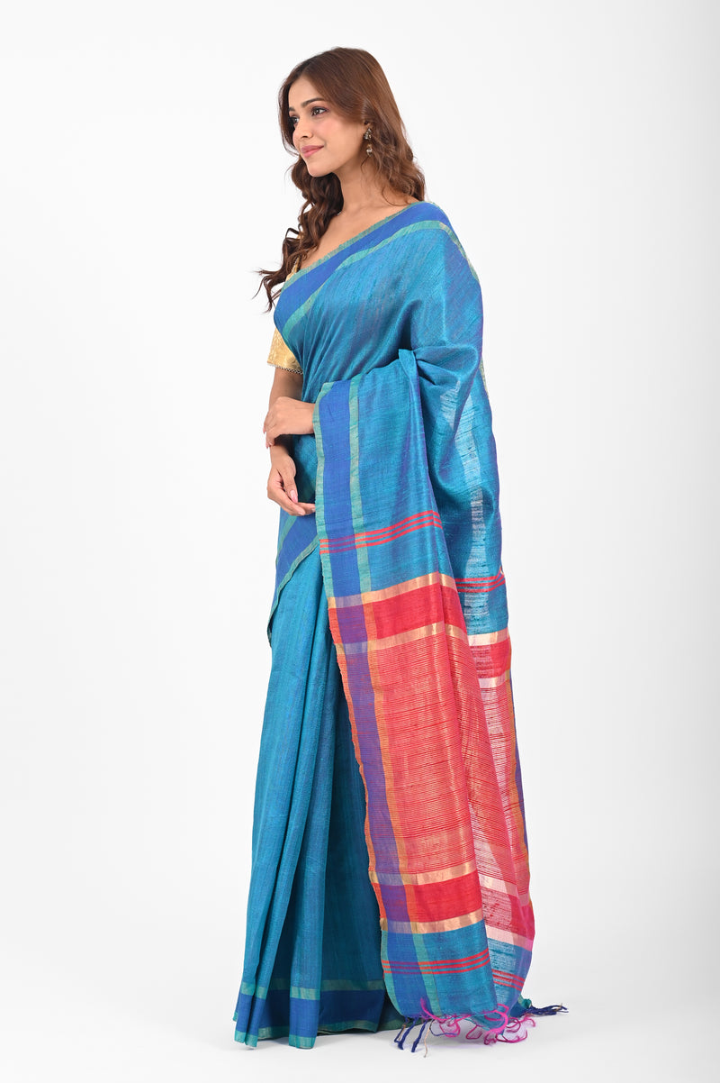 Radiant Blue Dupion Silk Saree with Striped Aanchal