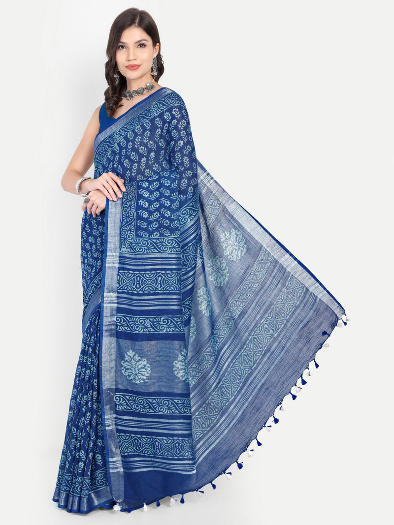 Classic Indigo Blue Block Print Cotton Saree
