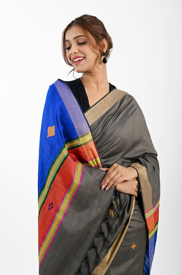 Grey Eri Silk Saree with Bawan Buta Dupion Aanchal