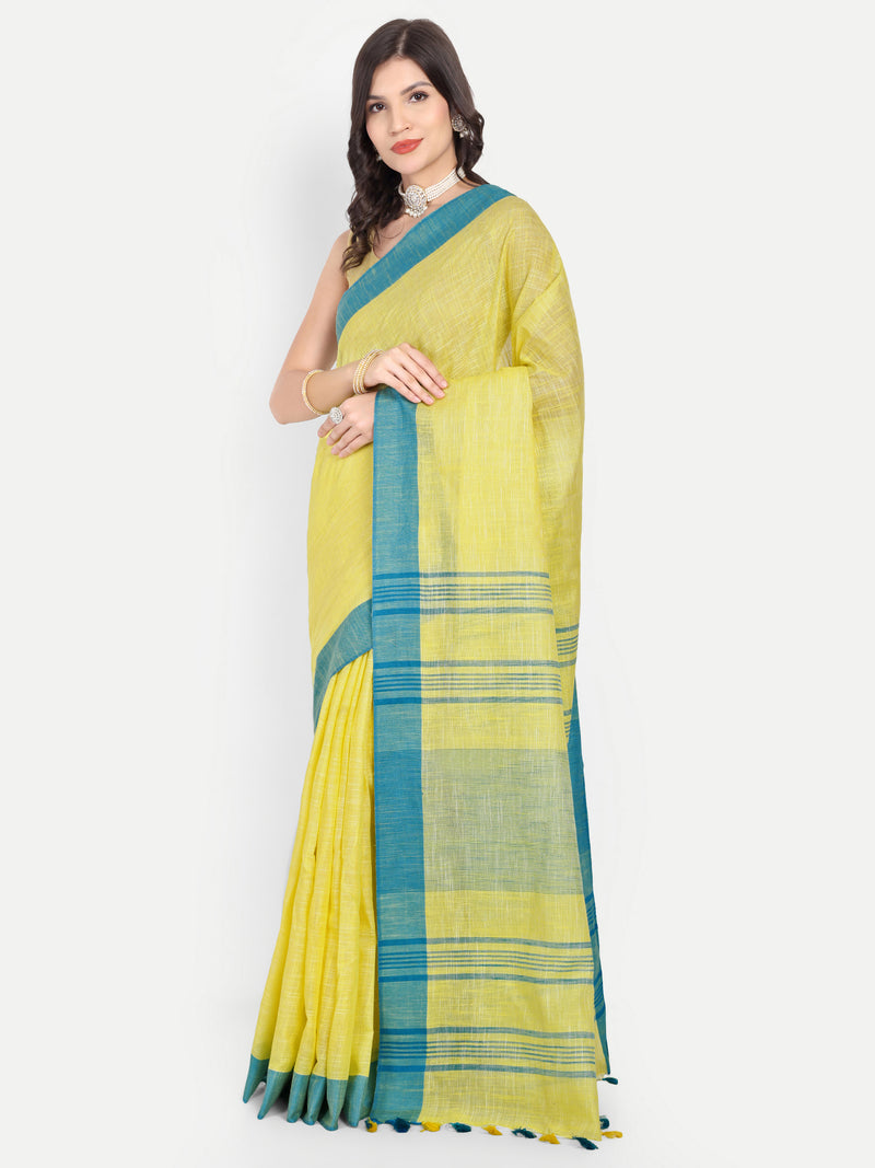 Vibrant Yellow & Blue Striped Cotton Saree