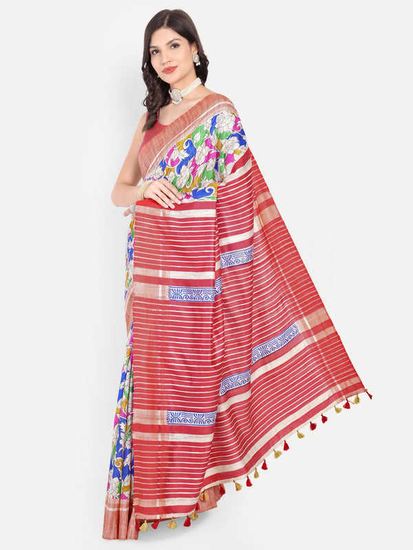 Artistic Hand-Painted Ghicha Silk Saree with Striped Pallu