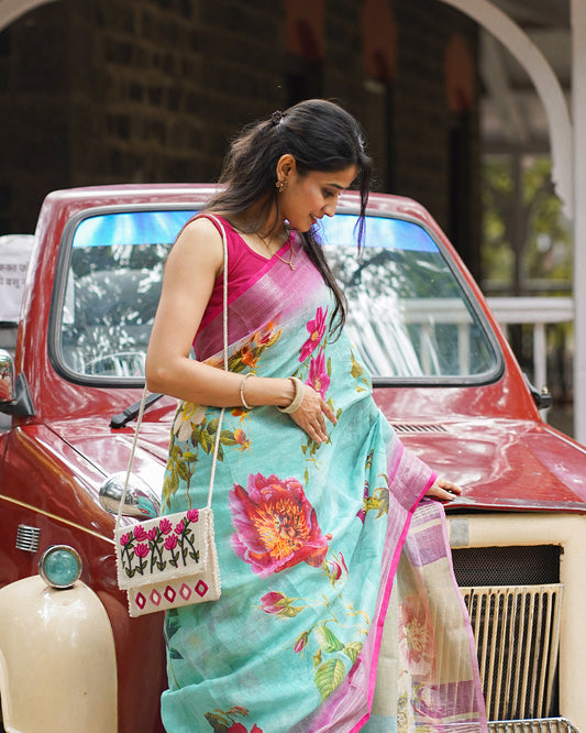 SEA GREEN RANI PINK LINEN SAREE