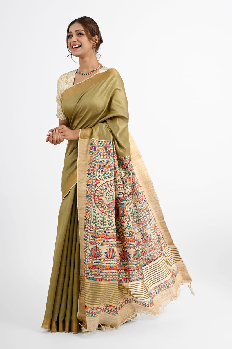 Elegant Olive Green Eri Silk Saree with Hand-Painted Madhubani Art