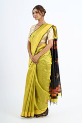 Striking Yellow Dupion Silk Saree with Black & Red Aanchal