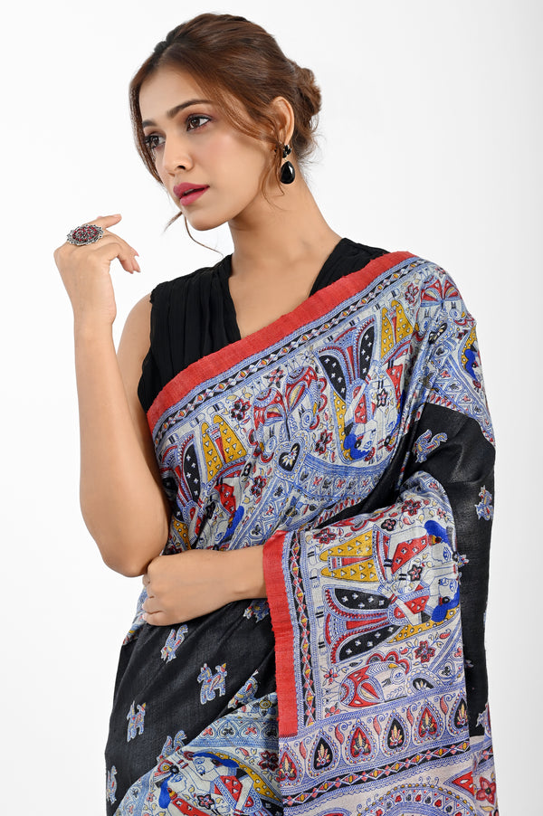 Artistic Black Ghicha Silk Saree with Madhubani Digital Print