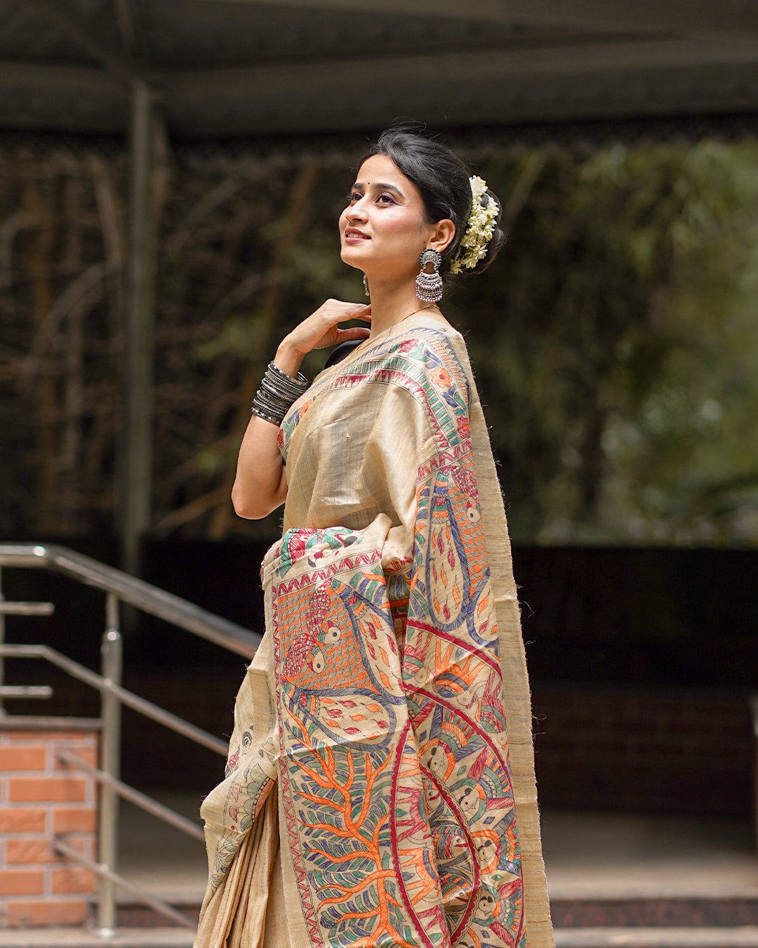 BEIGE TRIBAL GHICHA SILK SAREE