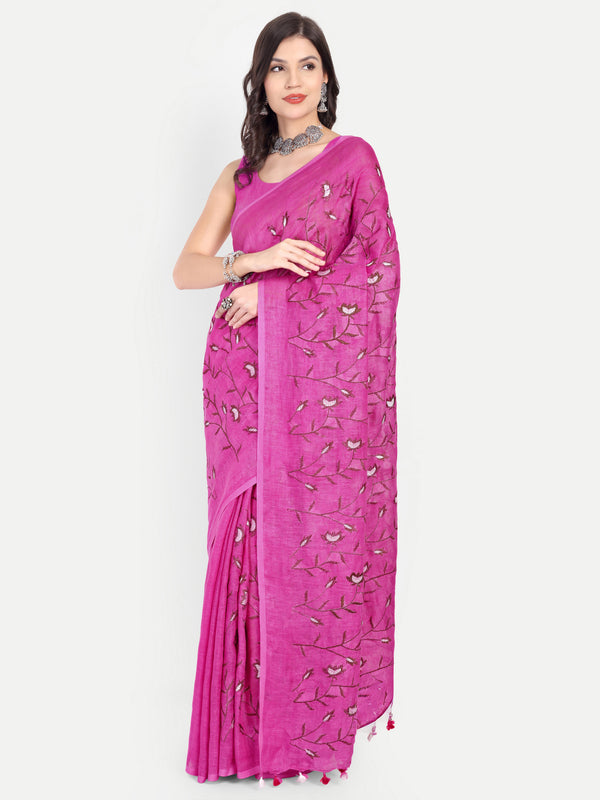 Exquisite Rani Pink Linen Saree with Floral Jaal Embroidery