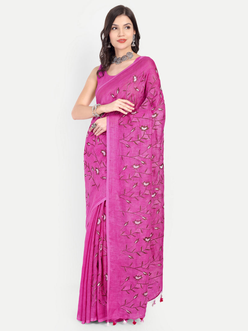 Exquisite Rani Pink Linen Saree with Floral Jaal Embroidery