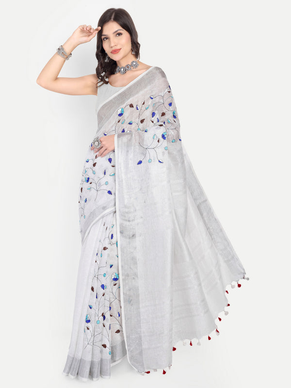 Elegant White & Grey Linen Saree with Embroidery