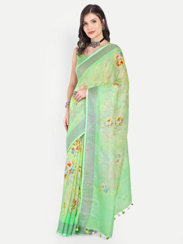 Fresh Lime Green Floral Digital Print Linen Saree