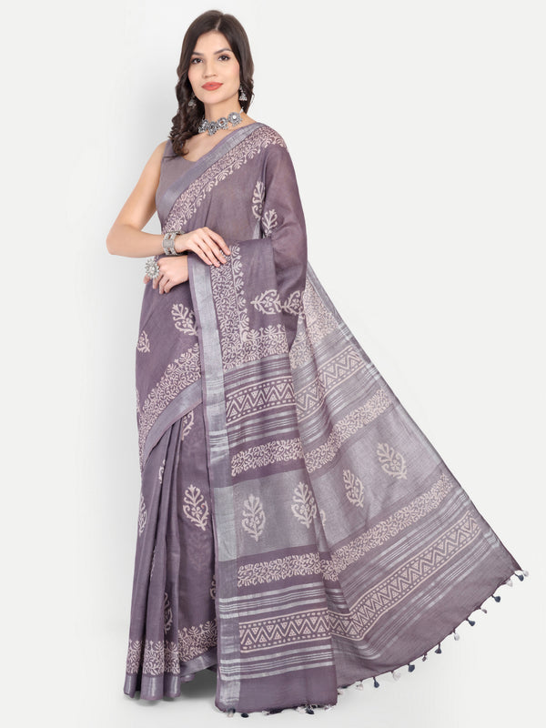 Elegant Grey Block Print Cotton Saree