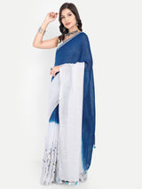 Elegant Indigo & White Dual-Tone Linen Saree with Floral Hand Embroidery