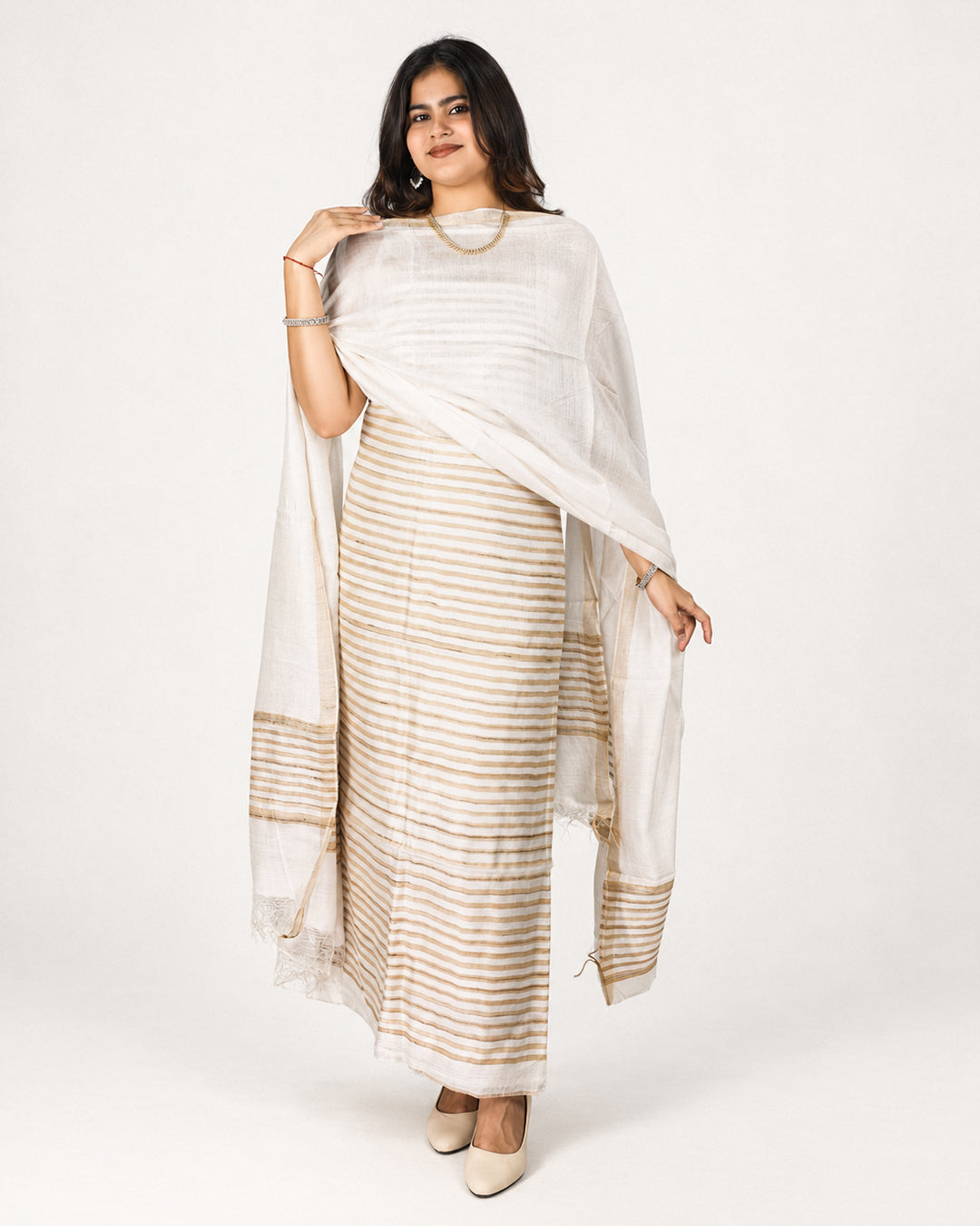 ERI OFF-WHITE STRIPED SILK THREE PIECE SUIT