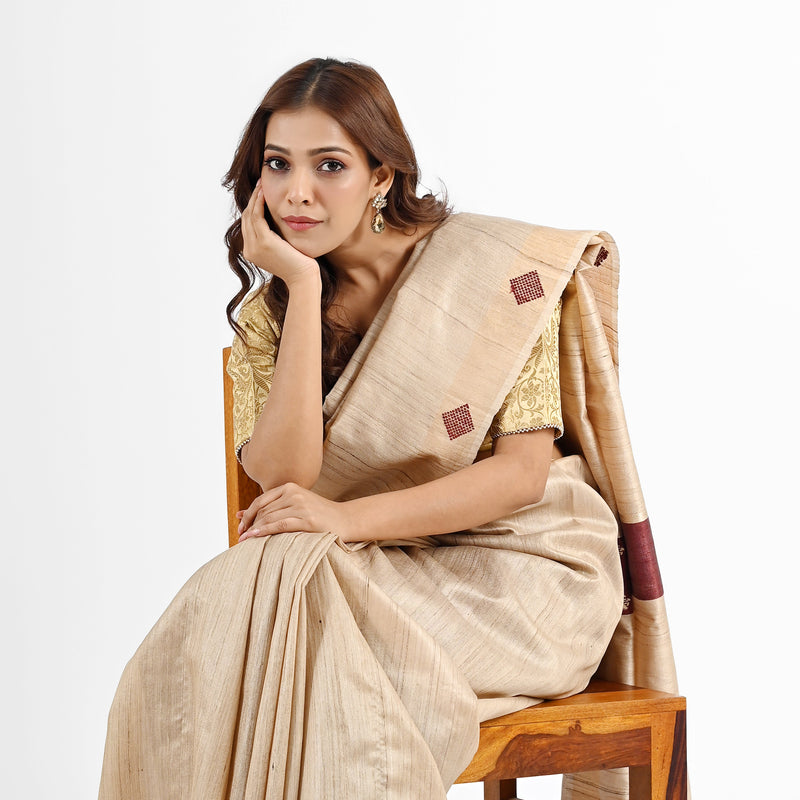Elegant Beige Tussar & Dupion Silk Saree with Geometric Motifs