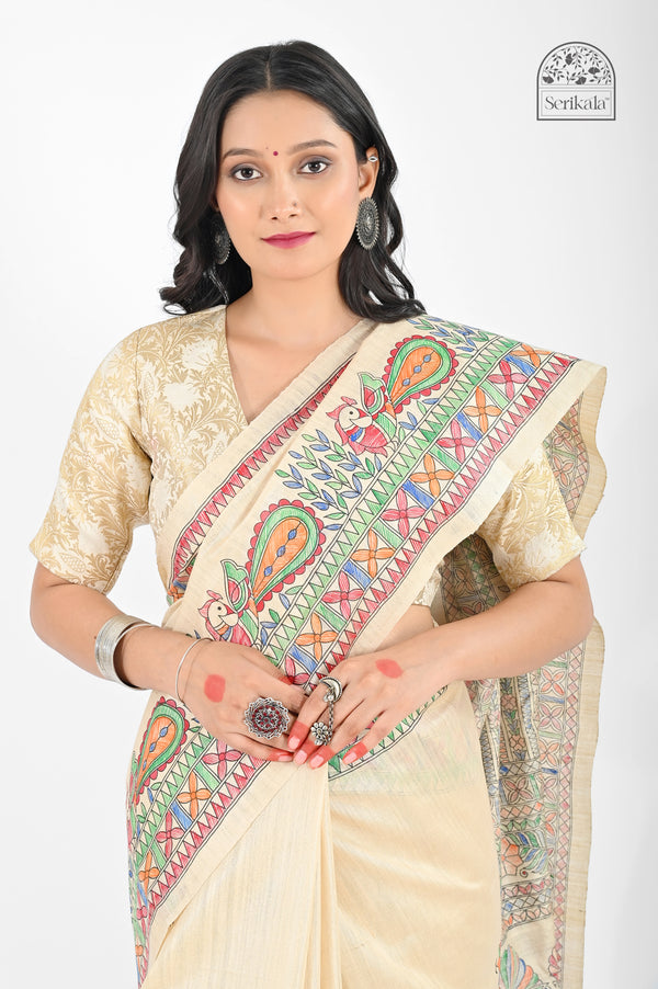Cream Muga Silk Saree with Hand-Painted Madhubani Art | Luxurious Handloom Saree - Serikala
