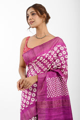Vibrant Pink Ghicha Silk Saree with Geometric Screen Print