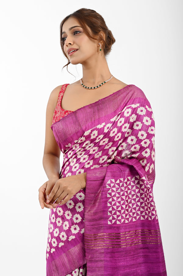 Vibrant Pink Ghicha Silk Saree with Geometric Screen Print