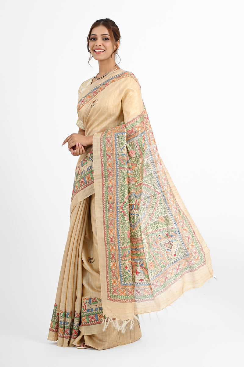Artistic Beige Tussar Silk Saree with Hand-Painted Madhubani Art