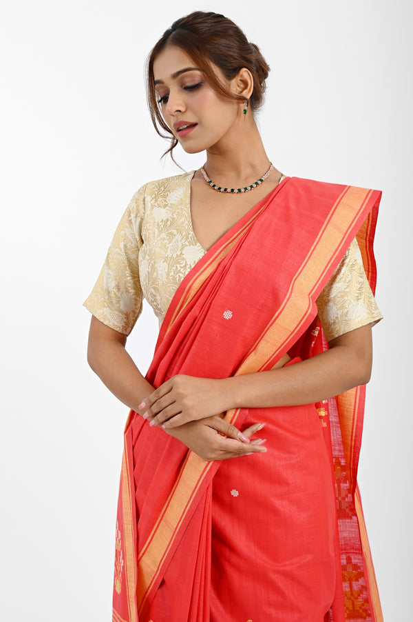 Charming Red Cotton Saree with Bawan Buta Design