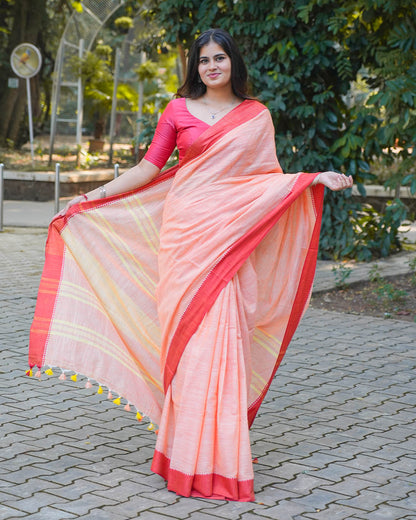 PEACH & RED COTTON SLUB SAREE
