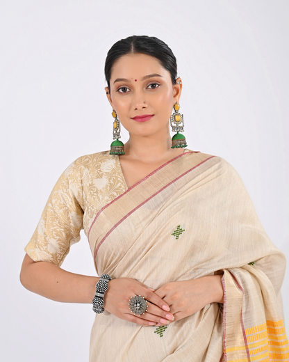 CREAM MUGA SILK SAREE WITH MADHUBANI ART