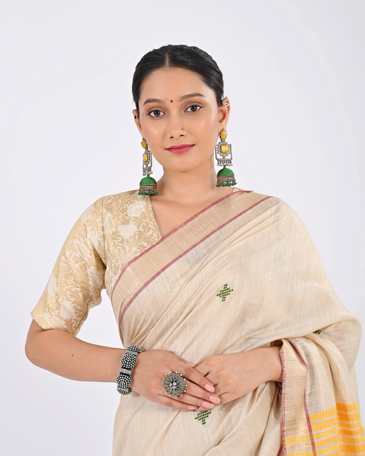 CREAM MUGA SILK SAREE WITH MADHUBANI ART